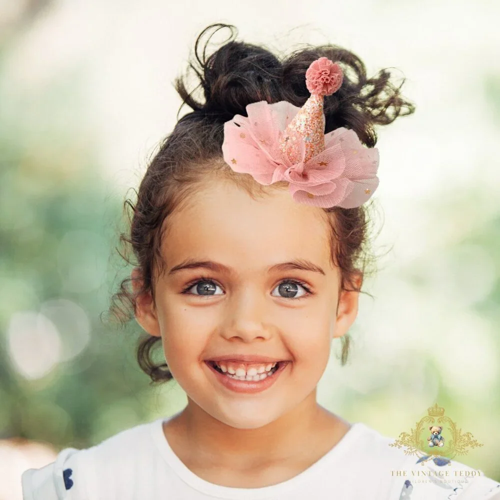 NWT Cute Princess Happy Birthday Hat Girls Hair Clip Pink & Gold Glitter Tulle